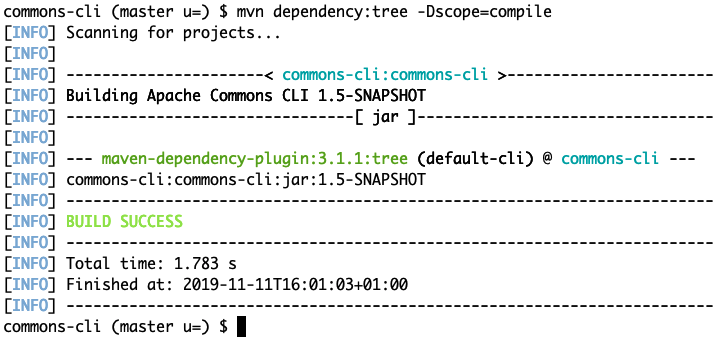 maven dependency tree of scope compile on project Apache Commons CLI