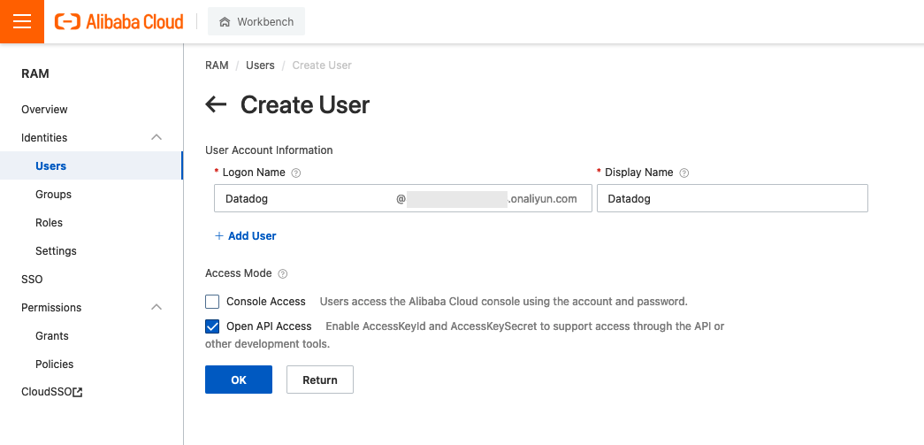 Set up a service account for Datadog in Alibaba Cloud