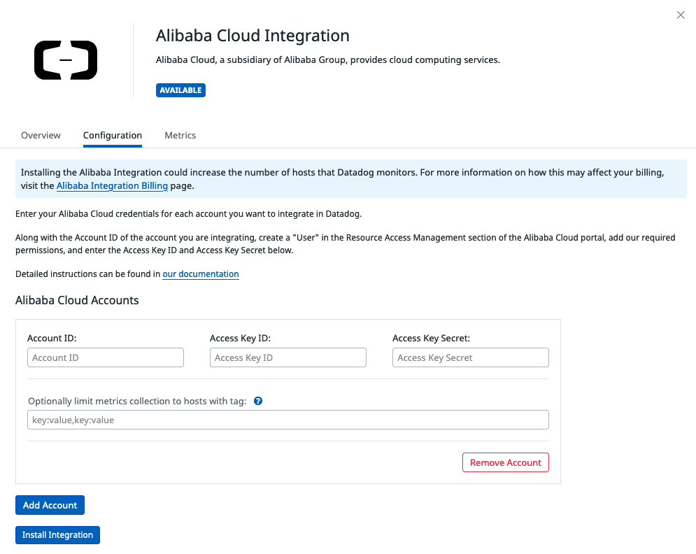Set up Alibaba Cloud integration in Datadog